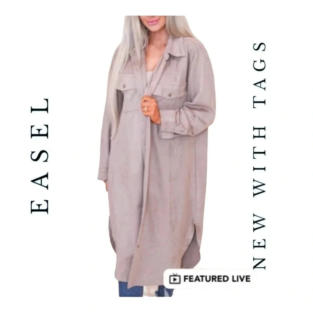 1314. EASEL LONG SLEEVE FAUX SUEDE TRENCH LENGTH SHACKET SIZE LARGE OVERSIZED